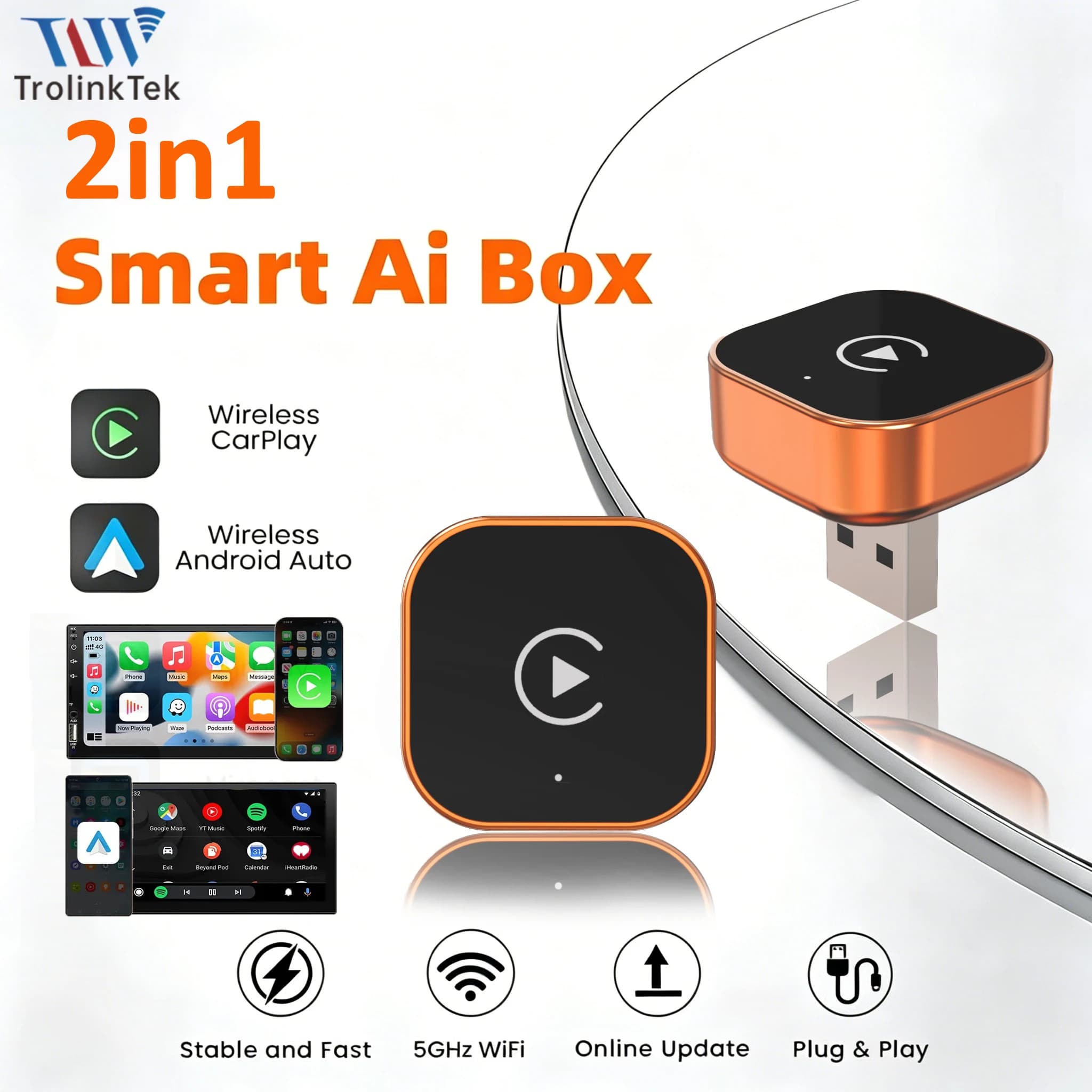 Adattatore Wireless 2in1 CarPlay e Android Auto Aggiornato, Dongle USB Smart Mini Box Plug & Play, WIFI 5G Bluetooth per il 98% delle Auto con CarPlay