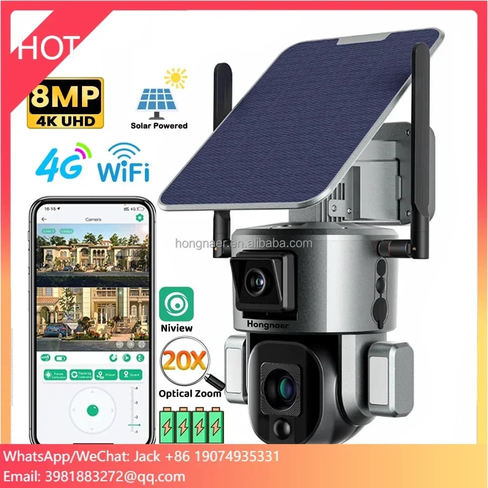 Telecamera di Sicurezza Solare Wireless Hongnaer 8MP 4G PTZ con Zoom 20X, Doppia Lente 4K, WiFi Esterno, Scheda SIM 4G, Telecamera CCTV Solare