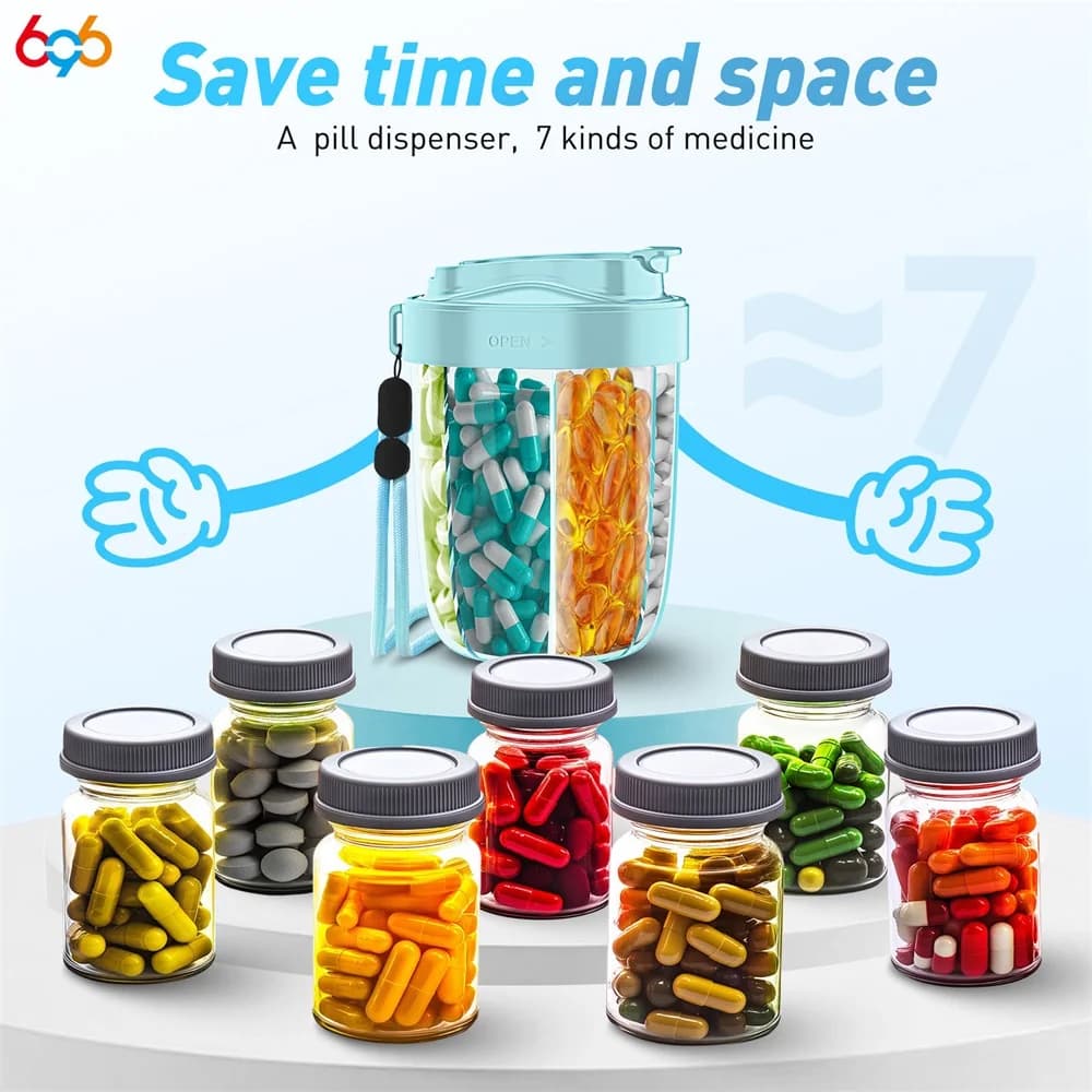 Nuova scatola di immagazzinaggio per tazze di grande capacità con 7 griglie, vitamina, medicina, olio di pesce, dispenser portatile per medicinali da viaggio, scatola di immagazzinaggio per pillole sigillata
