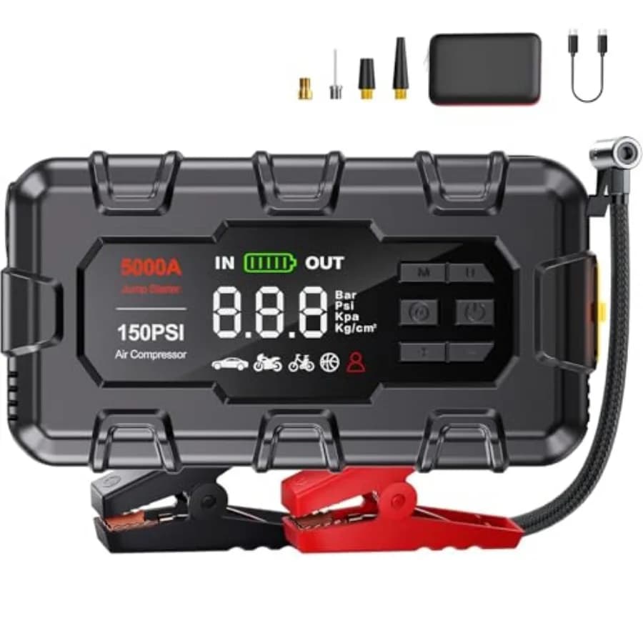 Avviatore di Emergenza con Compressore d'Aria 5000A, Avviatore Portatile per Batteria Auto 12V con Display, PD 45W, Luce LED