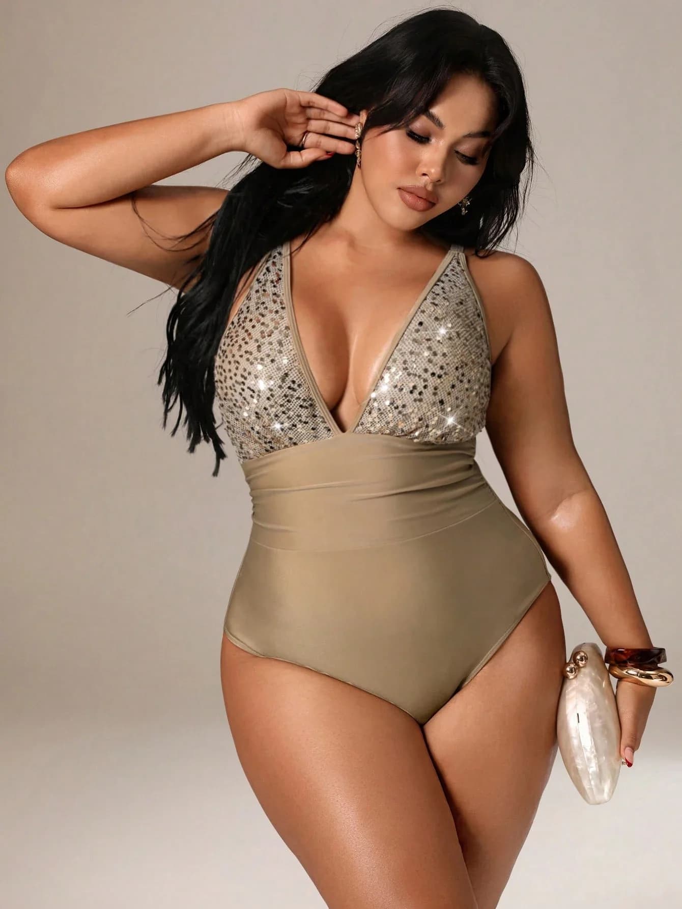 Costume da bagno intero con scollo a V profondo con paillettes per donna, taglie forti, per vacanze al mare