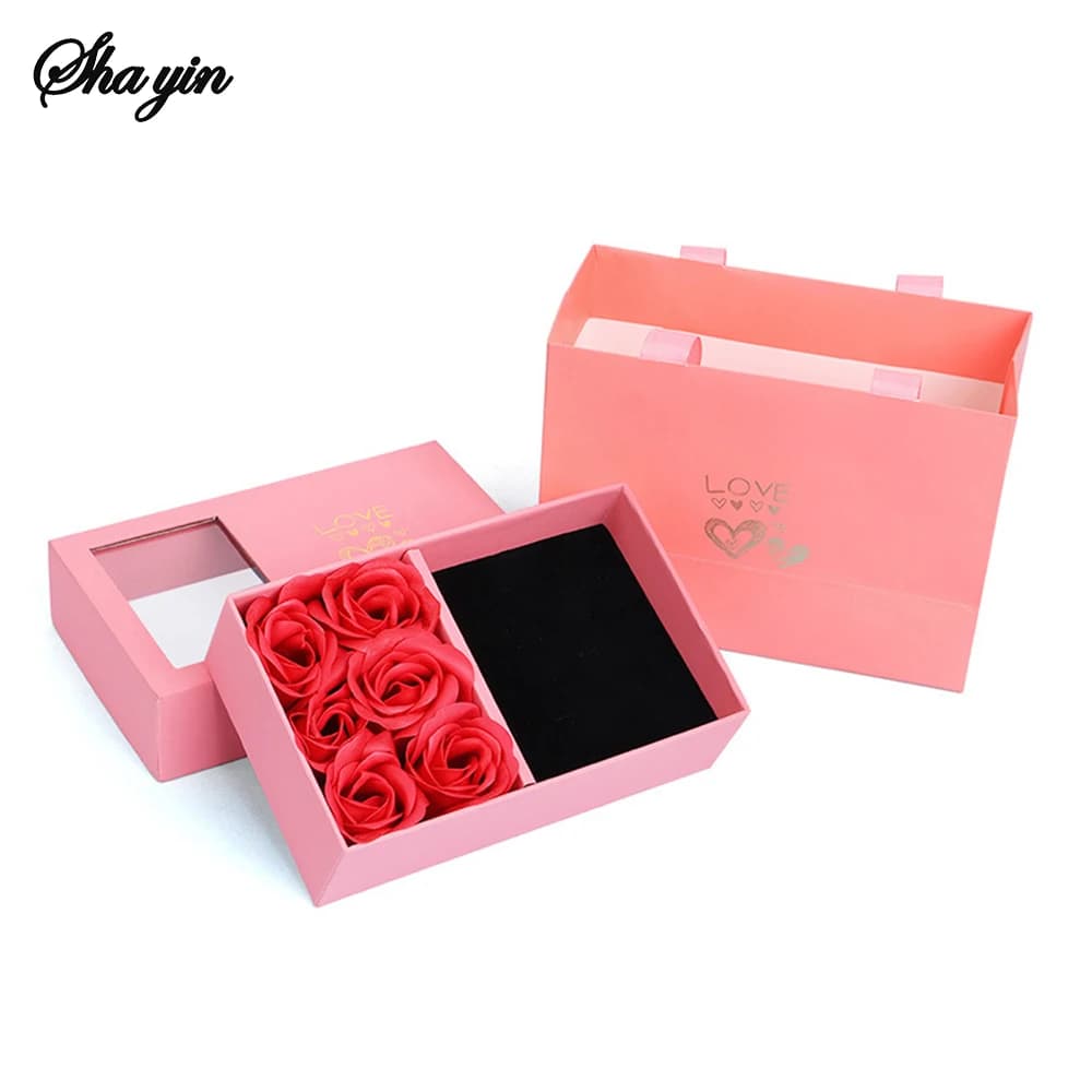 Portagioie Portagioie con fiori immortali Finestra con rose San Valentino Confezione regalo per la festa della mamma Anello Orecchini Collana con ciondolo