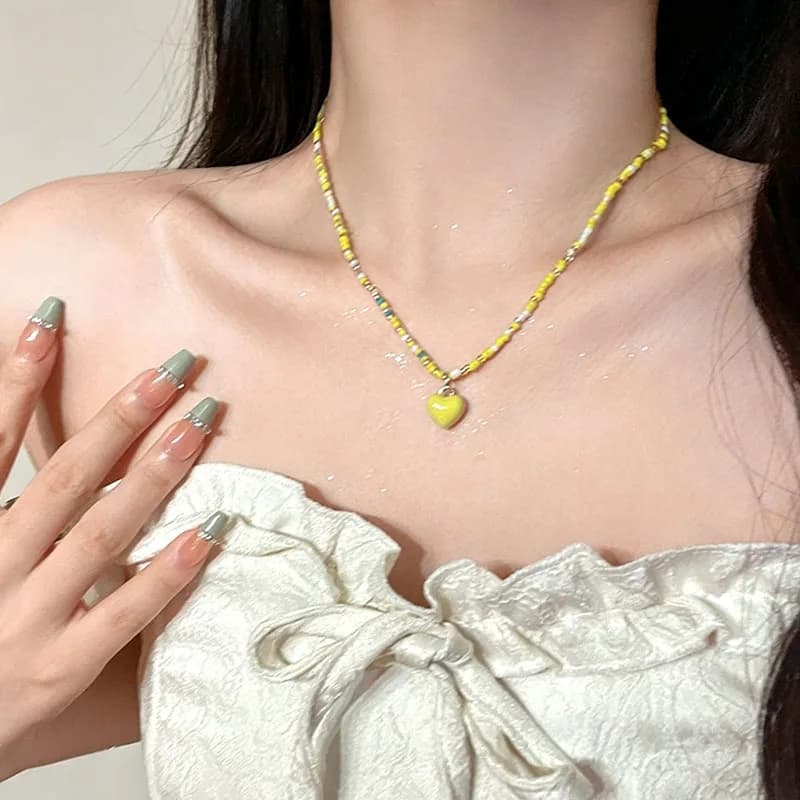 Yellow Mix Seed Bead Choker Necklace for Women, Glossy Yellow Enamel Heart Pendant Beaded Chain, Dainty Cute Layering Neck Jewelry Daily Vacation Jewelry Gift