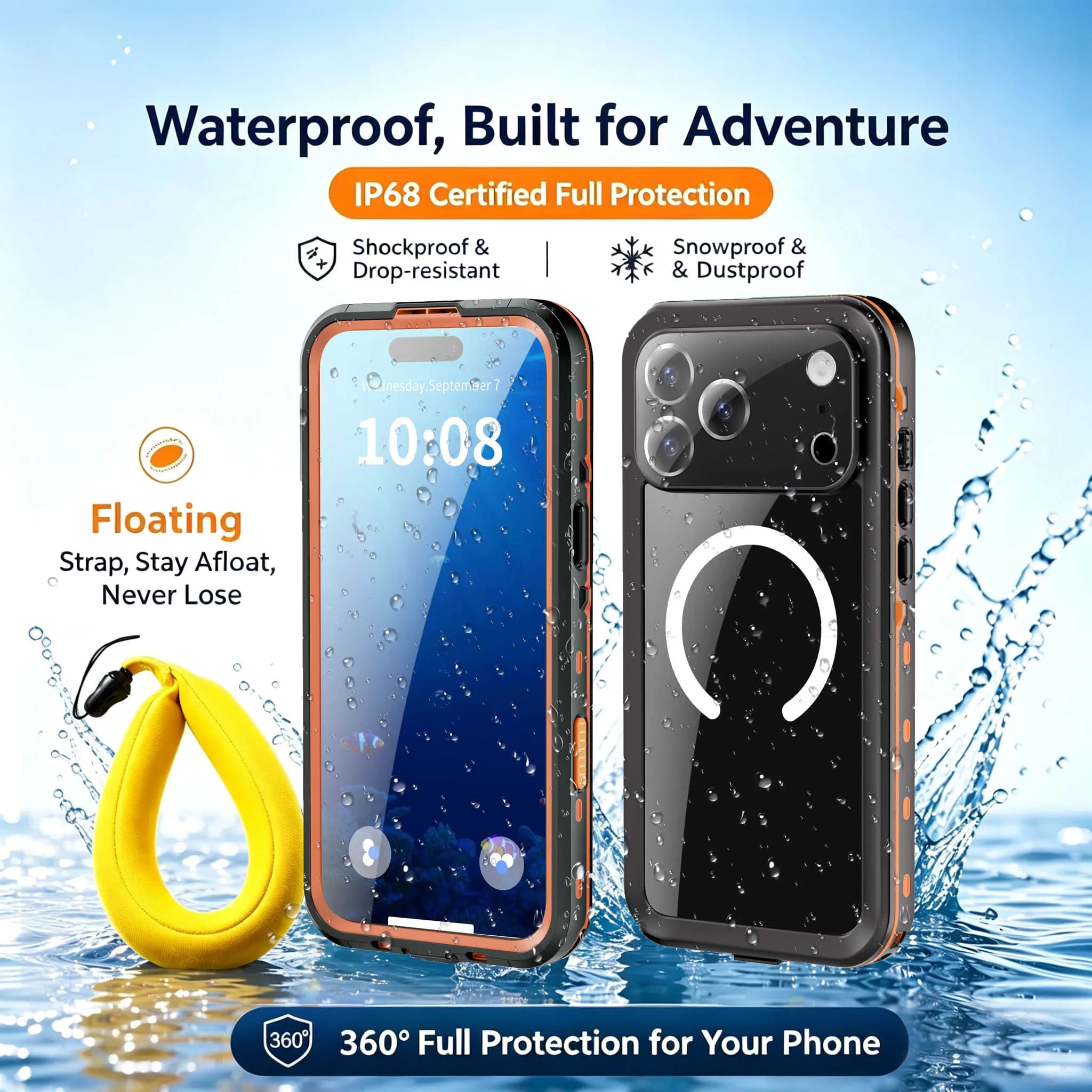 Full Body IP68 Waterproof Shockproof Case For iPhone 17 16 15 14 13 Pro max Magnetic Wireless Charging Floating wristband case