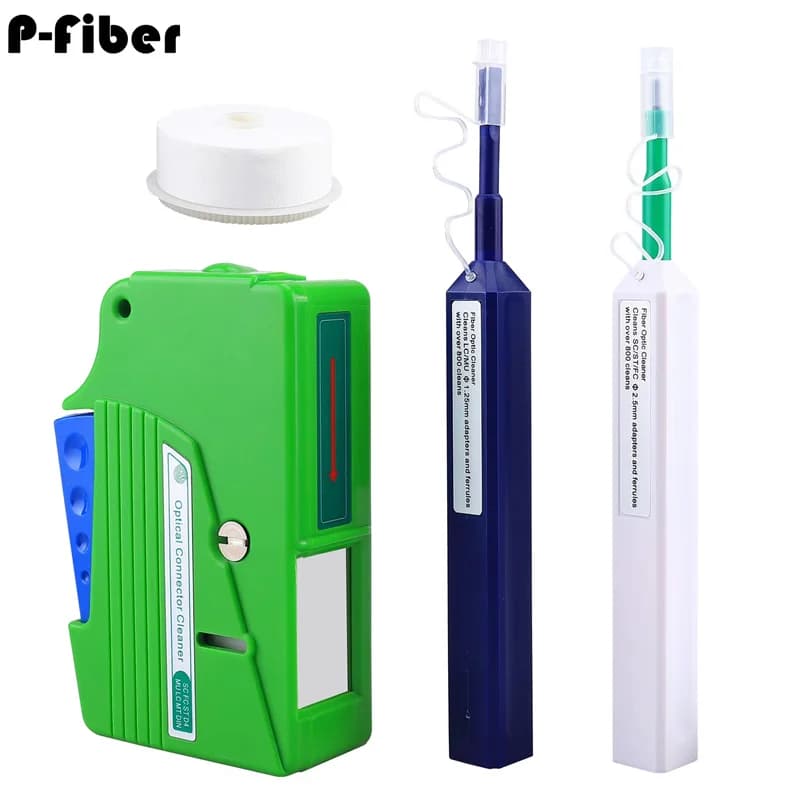 Kit di pulizia per fibra ottica: 1 set di strumenti con scatola, flangia per interfaccia SC da 2,5 mm, penna per pulizia LC da 1,25 mm