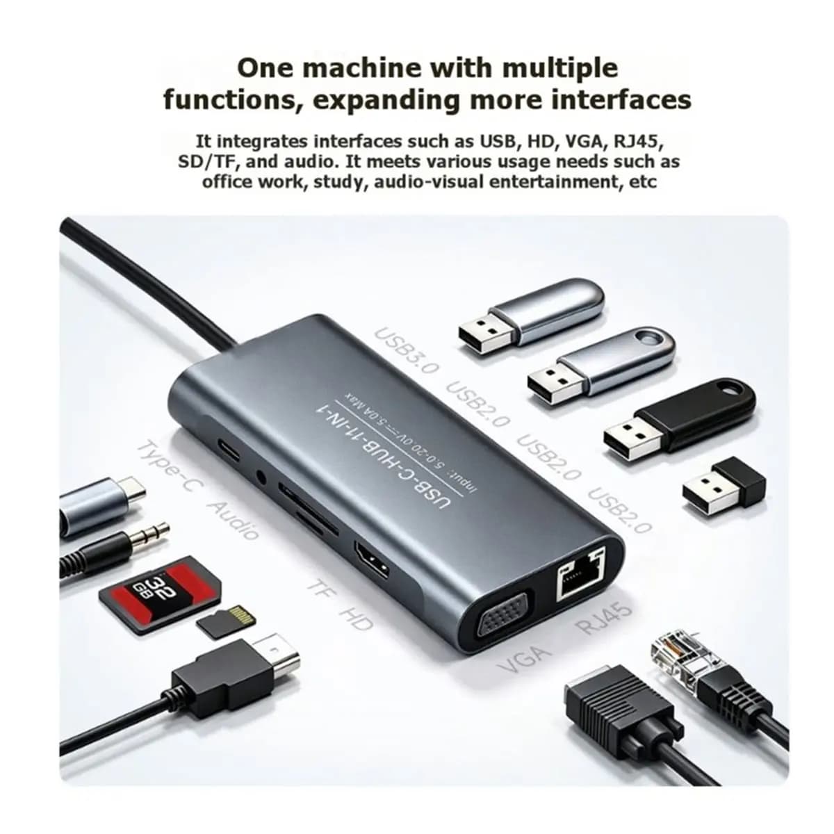 11-in-1 USB-C HUB Docking Station 100W PD RJ45 100Mbps Ethernet Port 4K HD TF Card Slots for Win/Linux/Android