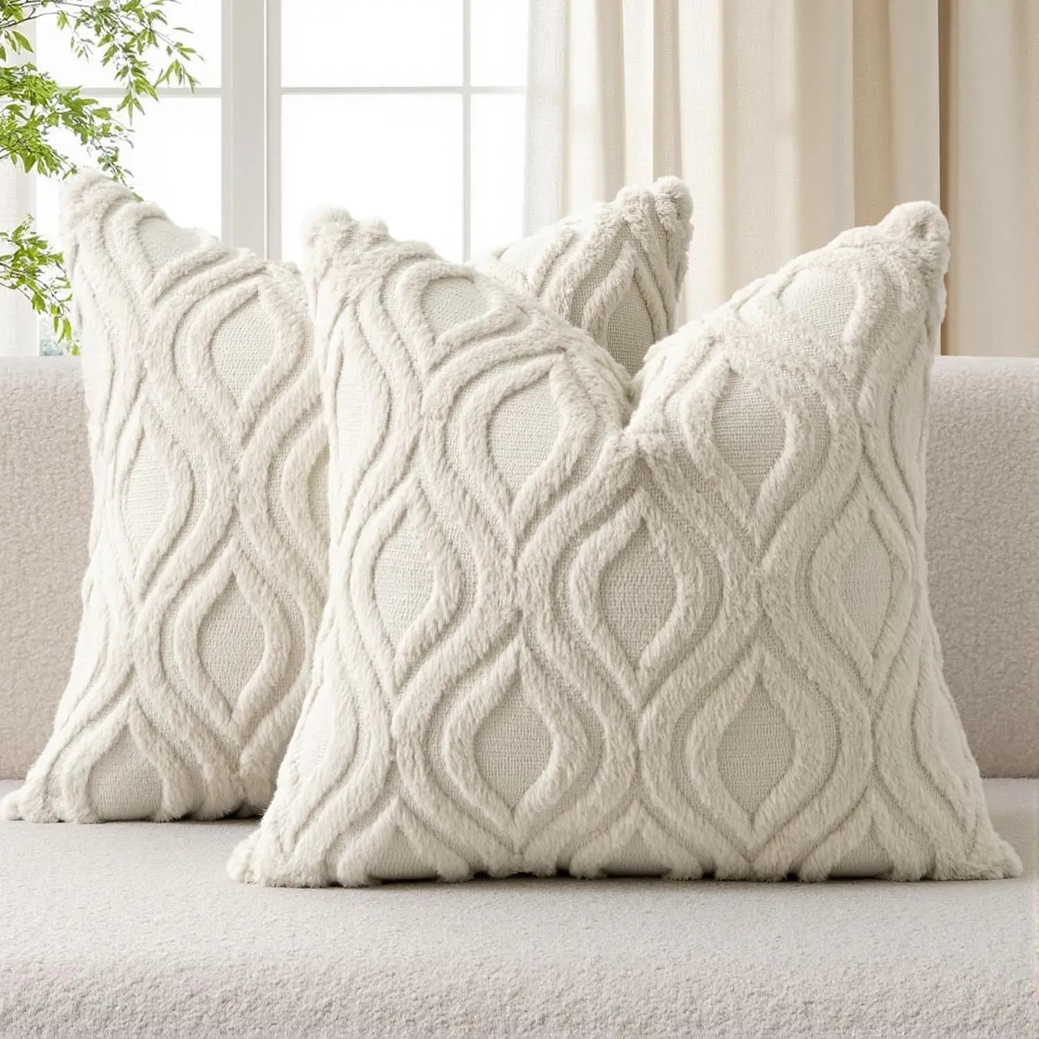 45x45 cm beige cushions, set of 2 in soft synthetic fur, decorative cushions boho style for sofa, living room, bed