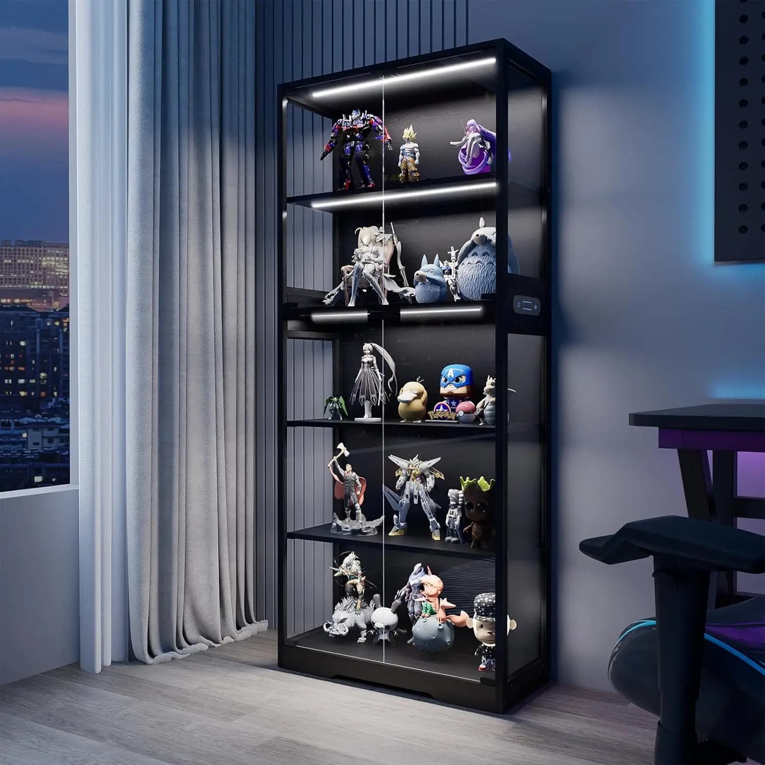 Vetrina a 5 Ripiani, Libreria con Porte in Vetro, Luci LED Dimmerabili e Sensore di Movimento, per Collezioni di Statuette, Personalizzabile