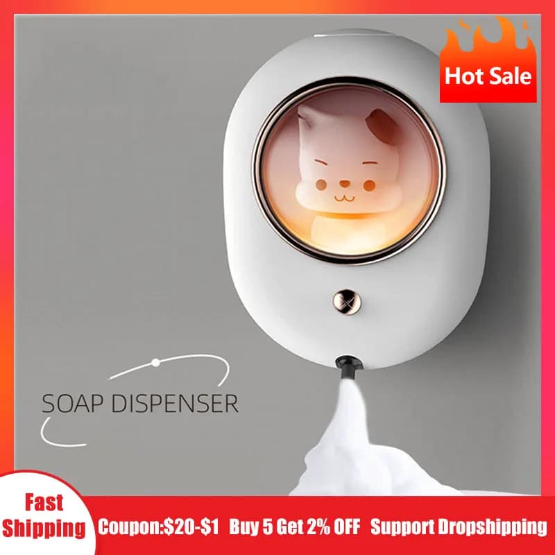 Nuovo dispenser di sapone Lavatrice automatica per mani per animali domestici carino con la lampada Dispenser di sapone in schiuma a induzione a parete per la casa