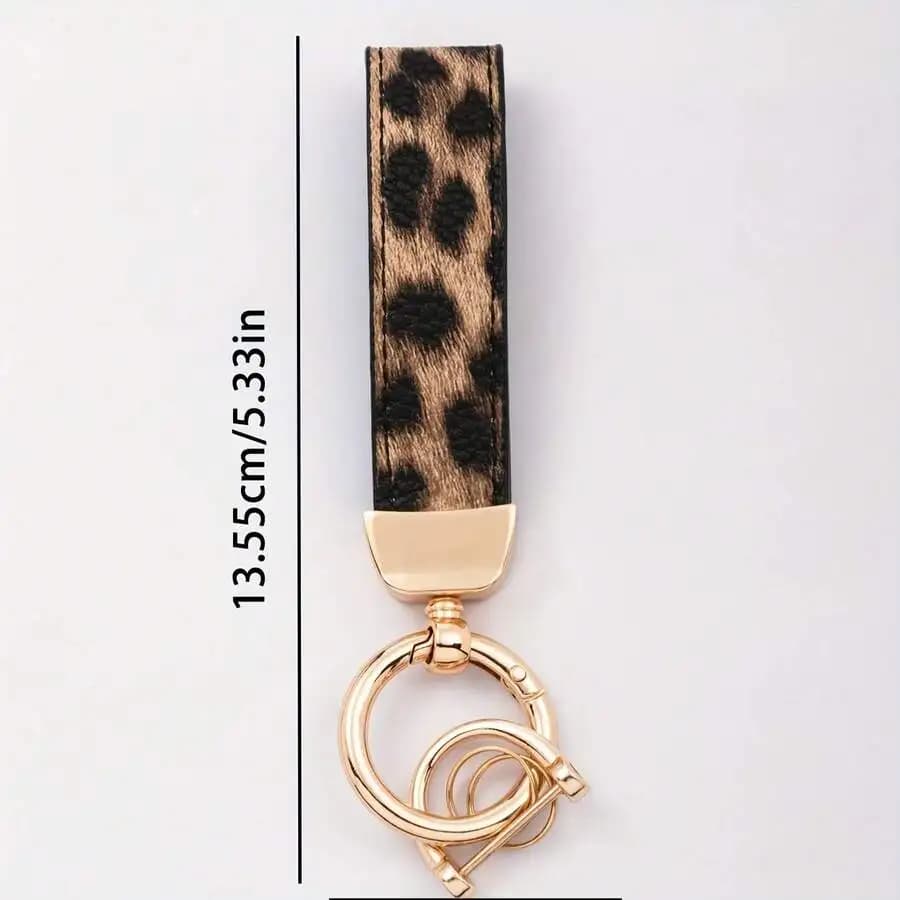 Leopard Print PU Leather Wristlet Keychain For Adults Gold Tone Metal Ring Bag Charm Car Key Holder