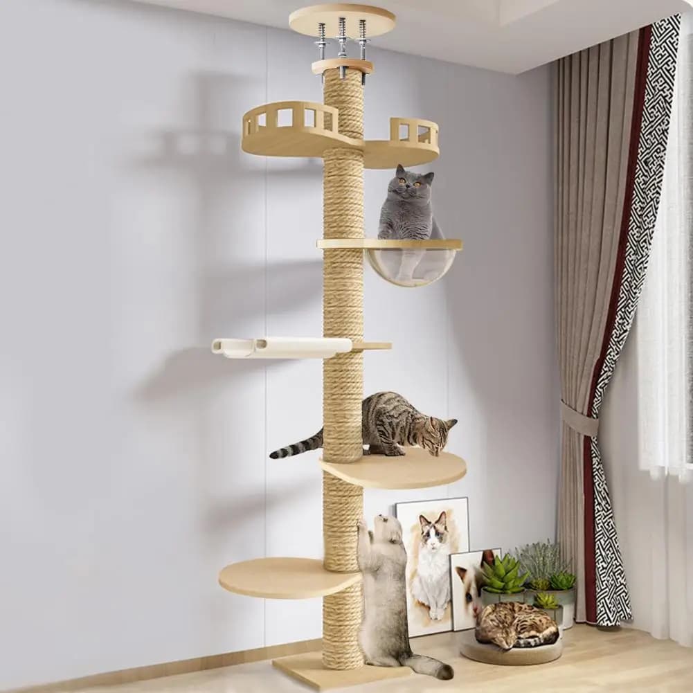 Albero per Gatti Regolabile, Torre per Gatti da Terra a Soffitto, Cuccia Multilivello con Tiragraffi e Amaca, Prodotti per Gatti e Animali Domestici