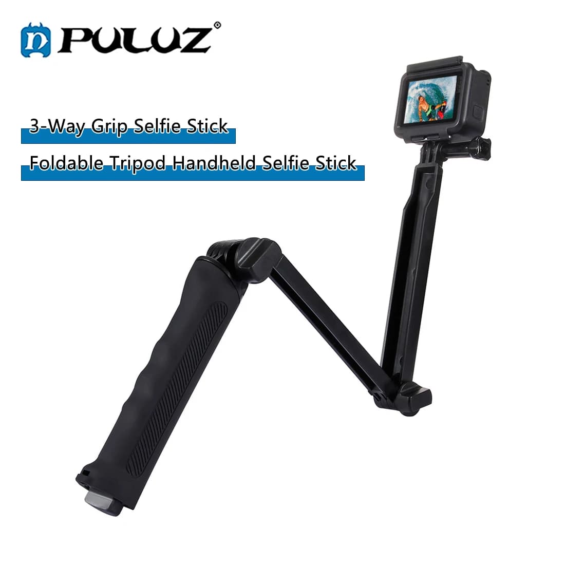 PULUZ Staffa di estensione selfie portatile con treppiede pieghevole per selfie con impugnatura a 3 vie per action cam GoPro/Insta360 ONE R/DJI