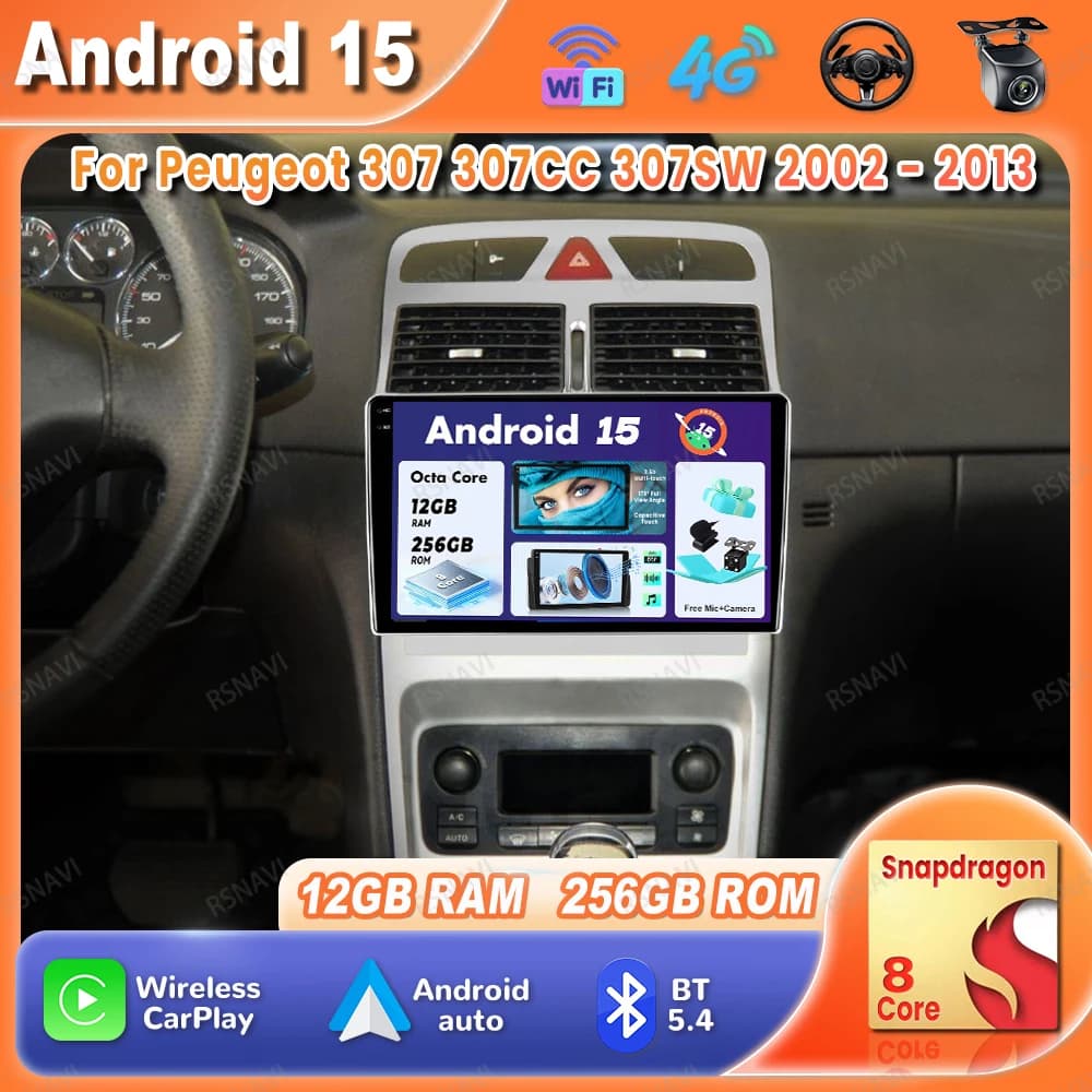 Autoradio Android 15 Per Peugeot 307 307CC 307SW 2002 - 2013 Navigazione GPS 4G LTE Qualcomm Viedo Player Wireless Carplay Auto