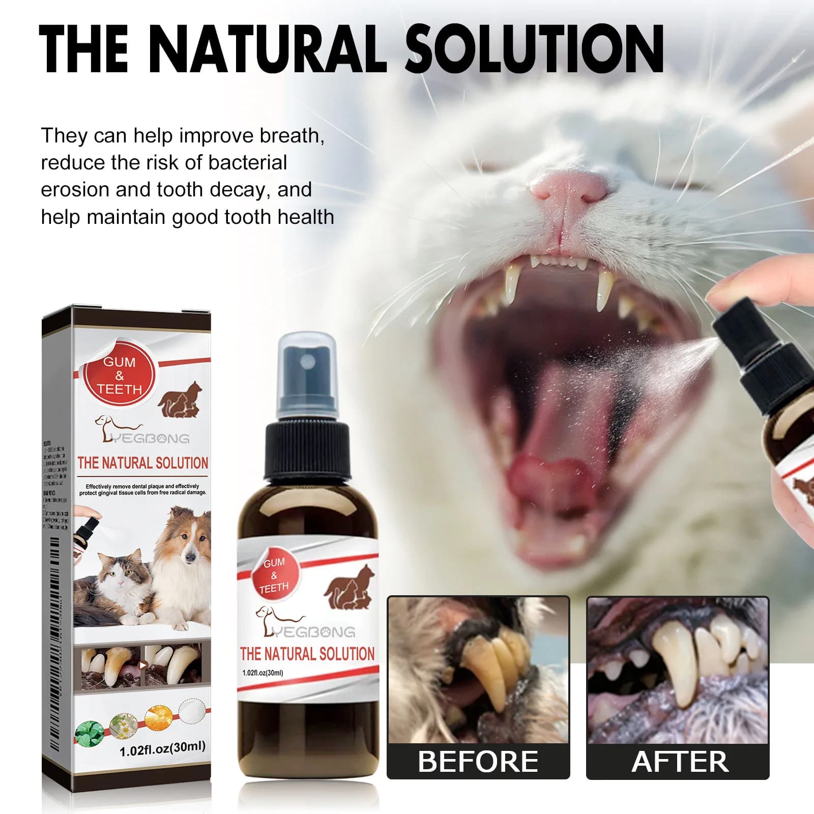 Spray per la cura dentale degli animali domestici per cani Gatti Eliminatore dell'alito cattivo Spray per l'igiene Controllo della placca del tartaro Alito fresco Formula naturale 30ml