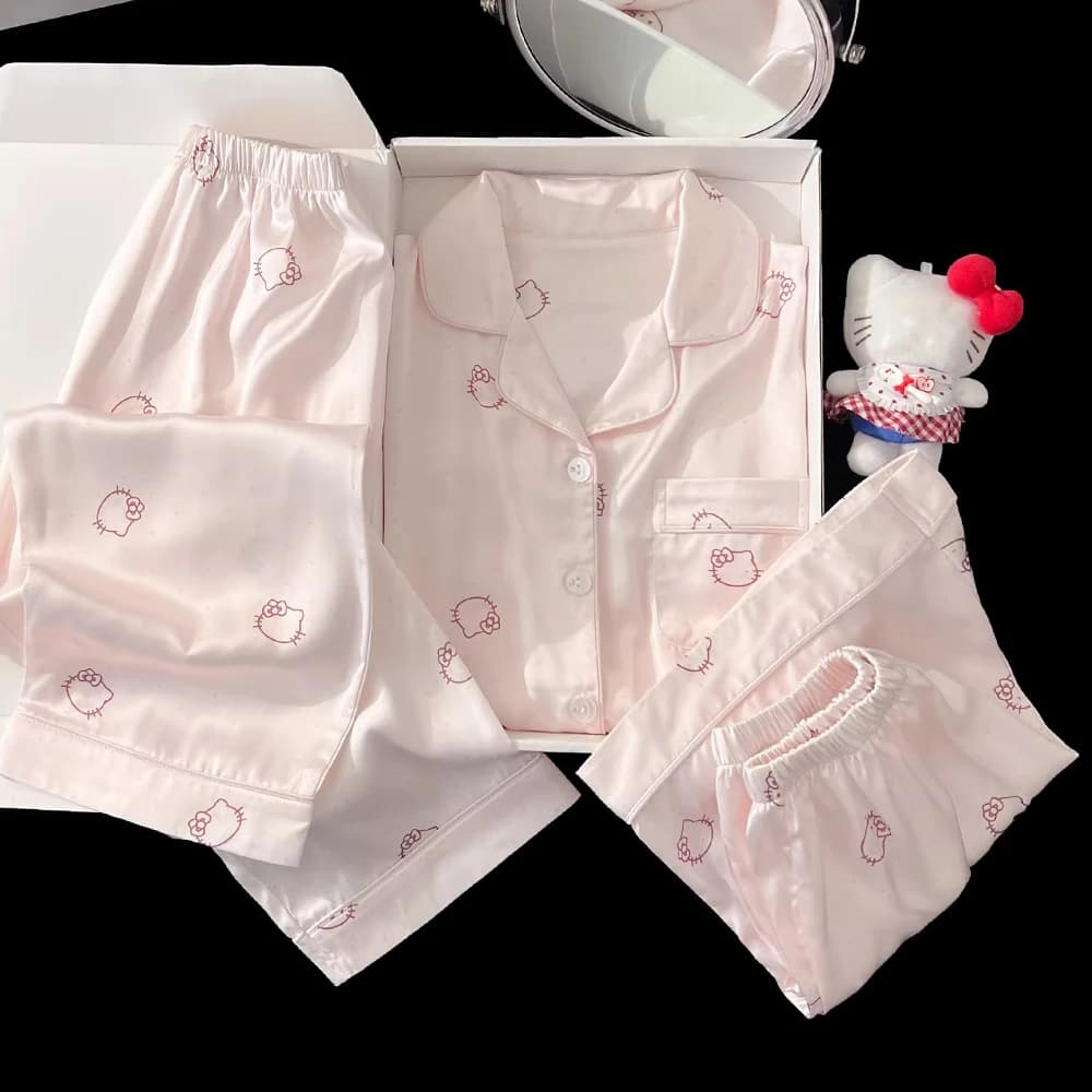 Hello Kittywomen's Ice Silk Pajamas Summer Sweet Short Sleeve Shorts Long Pants 3-Piece Home Clothes 2025Women's Summernew Model