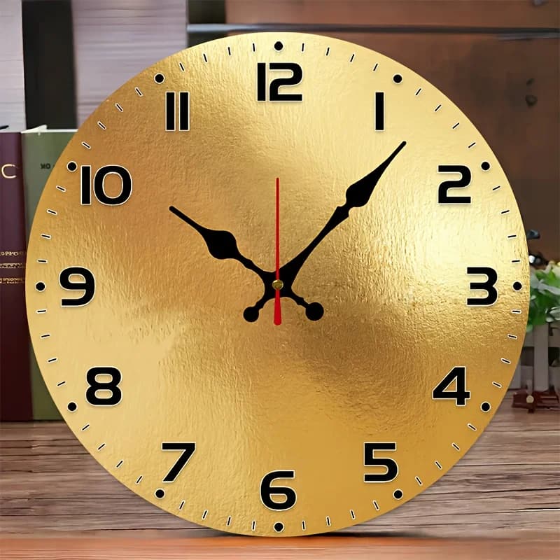 Background watch with golden structure - 10 inch wood veneer Silent round flat wall clock style Europe and America - Non-stop batteries
