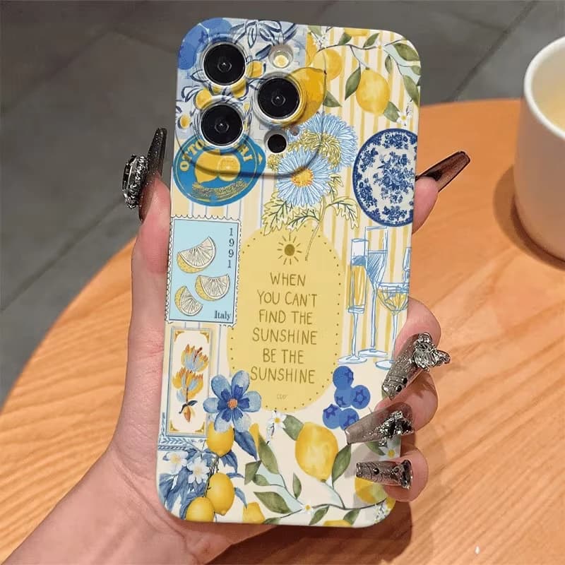 Summer Lemon Flower Stripe Trendy Phone Case For Samsung S26 S25 S24 Ultra S23 S22 S21 S20 Plus Note 20 S24FE S23FE Black Cover