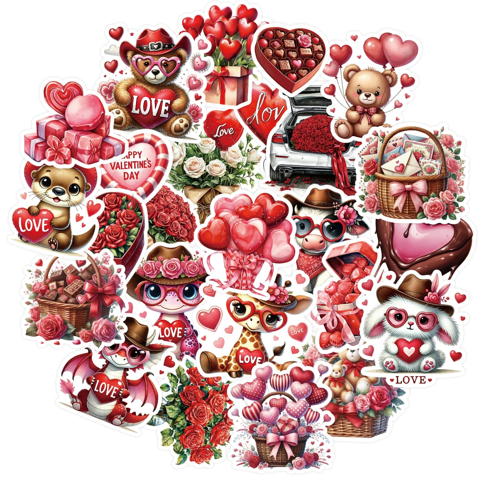 50 stickers with love heart shape flowers, Valentine's Day stickers, cartoons, for journal, notebook, water bottle, portable phone decoration