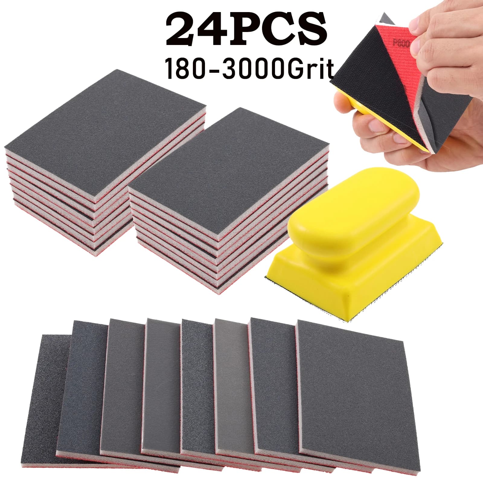 24/18 pezzi set di spugne abrasive 180-3000 grana schiuma morbida levigatrice a mano blocco 3x4 pollici carta vetrata a umido e asciutto per la lucidatura di mobili in legno per auto