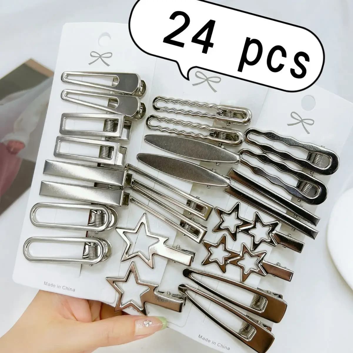 24 Pz/set Y2K Silver Metal Drills for Women Girls Star Hair Clips Multipli Styles Without Solution Duckbill Clip Girls Hair Accessories