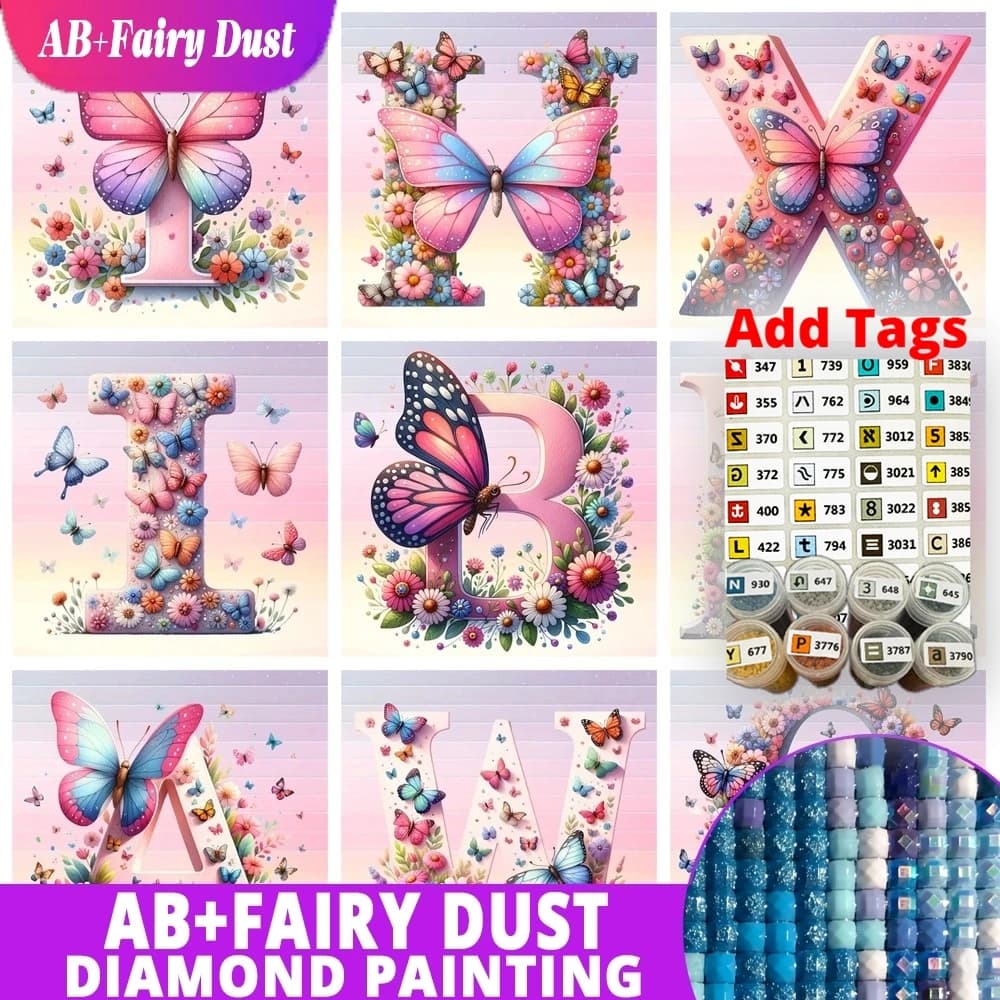 AB Fata Polvere Fiore Diamante Mosaico 26 Lettere Pittura Diamante Farfalla Pieno Trapano Rotondo Ricamo Alfabeto Decorazione Della Parete