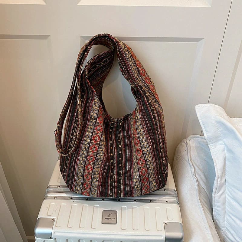 Borsa tote da donna Boho Chic azteca Borsa a tracolla etnica con tracolla per lavoro da viaggio Borsa hippie zingara in tela lavorata a maglia da donna