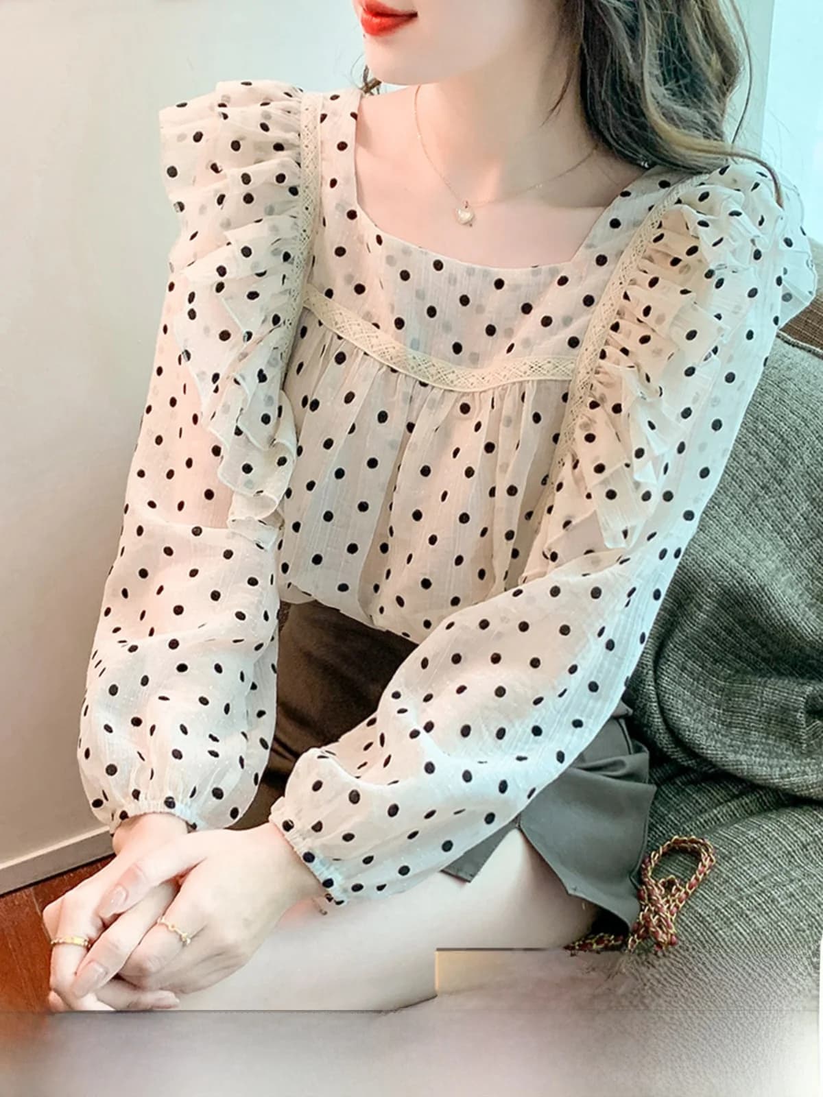 Fashionable Polka Dot Long Sleeve Women's Chiffon Shirt Spring Autumn Base Layer Top Trendy Korean Style Loose Fit Blouse