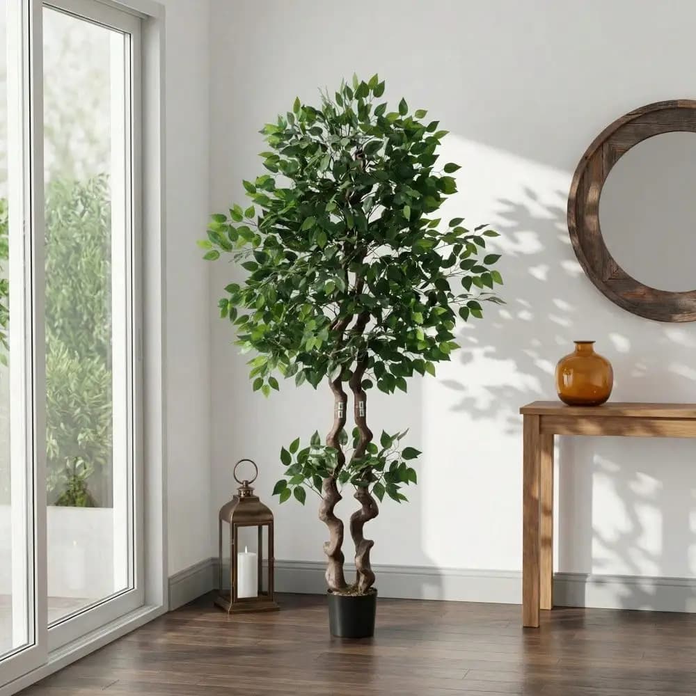 Albero di Ficus Artificiale, Pianta Finta di Banyan da Pavimento con Foglie Realistiche in PVC e Tronco Naturale per Decorazione di Casa e Ufficio