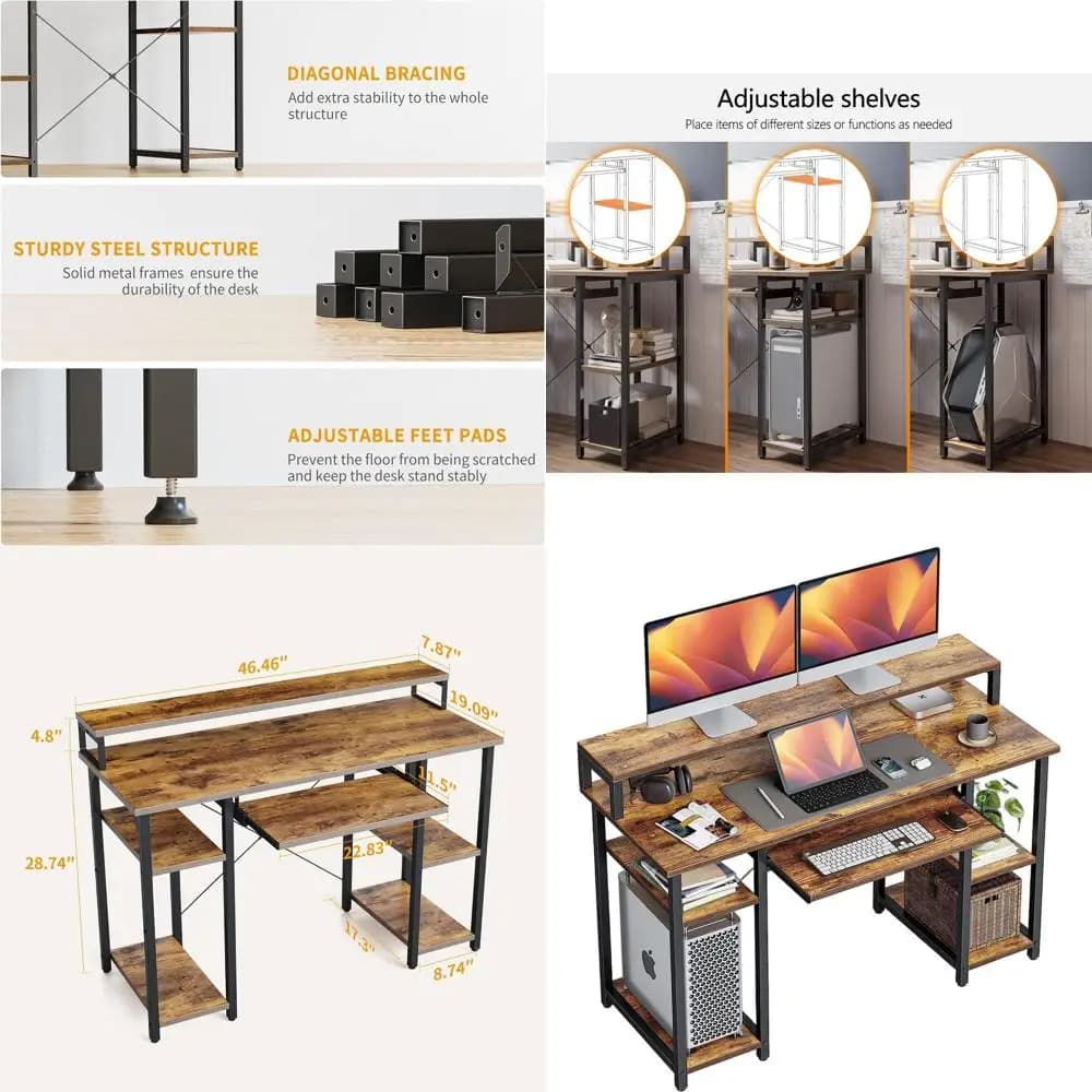 Computer desk with keyboard tray, 47 inch office desk with display support and storage shelves, musical studio desk workstation, Wor