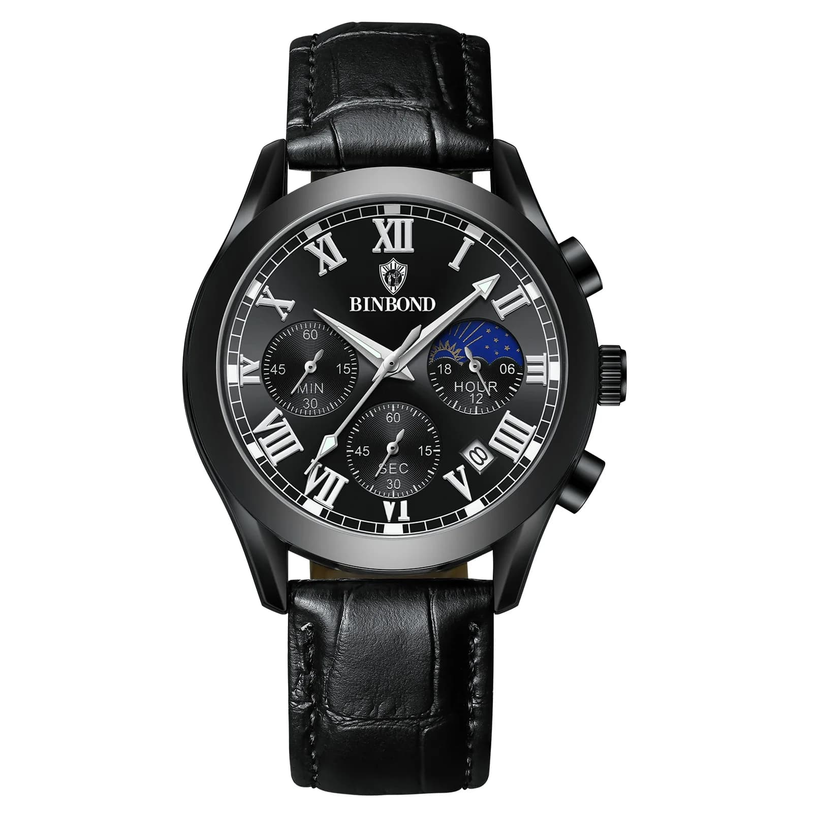 Three-eye Multi-functional Leather Watch Waterproof Glow-in-the-dark Hands Scale Timing Fashion Exquisite Men's Watch