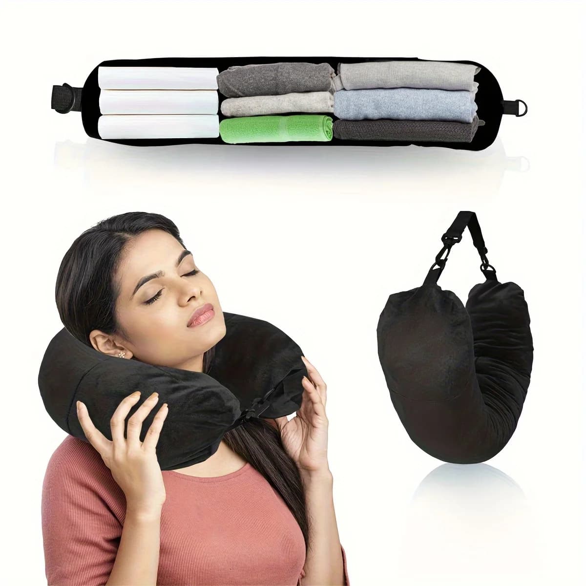 Cuscino da viaggio imbottito da 1 pezzo per vestiti, cuscino per il collo a forma di U salvaspazio, ricaricabile portatile per aereo, auto, uso in ufficio