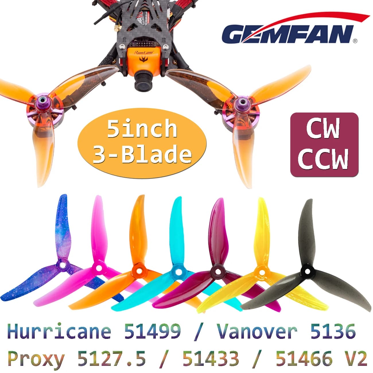 2Pair Gemfan Hurricane 51499 / Vanover 5136 / Proxy 5127.5 / 51433 / 51466 V2 5inch 3 Blade CW/CCW PC Propeller for RC FPV Drone