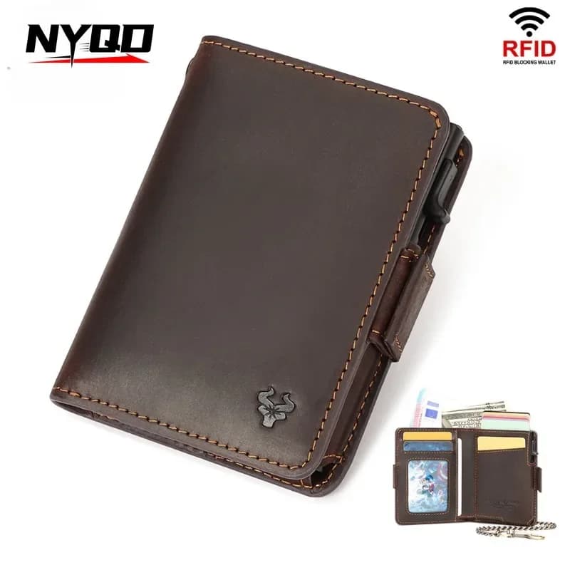 RFID Blocking Card Case Coin Purse Men Crazy Horse Leather Card Holder Smart Pop-up Cardholder Mens Wallet with Anti-theft Chain