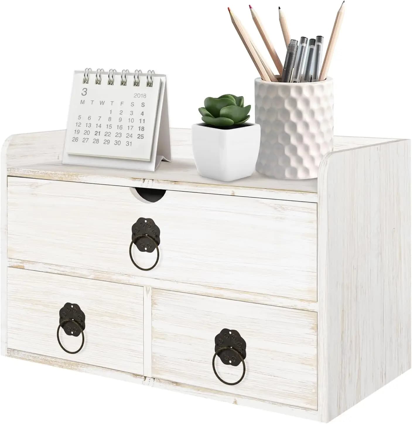 Organizer da Scrivania in Legno Bianco con Cassetto e Ripiano, Contenitore da Tavolo per Forniture da Ufficio e Casa