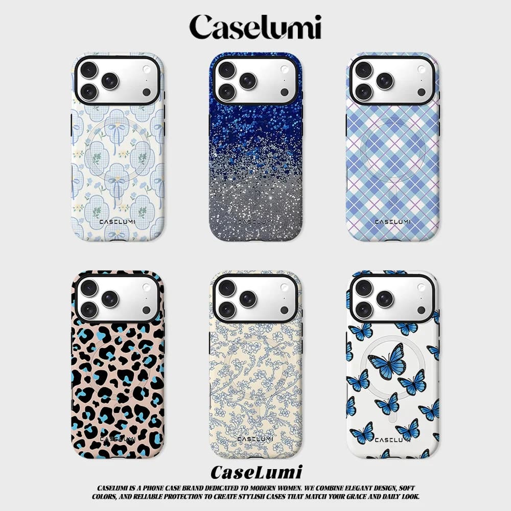 CaseLumi Matte Bumper For Magsafe Case For iPhone 17 16 15 14 Plus 13 Pro Max Shockproof Hard PC Blue Gingham Bow Floral Cover