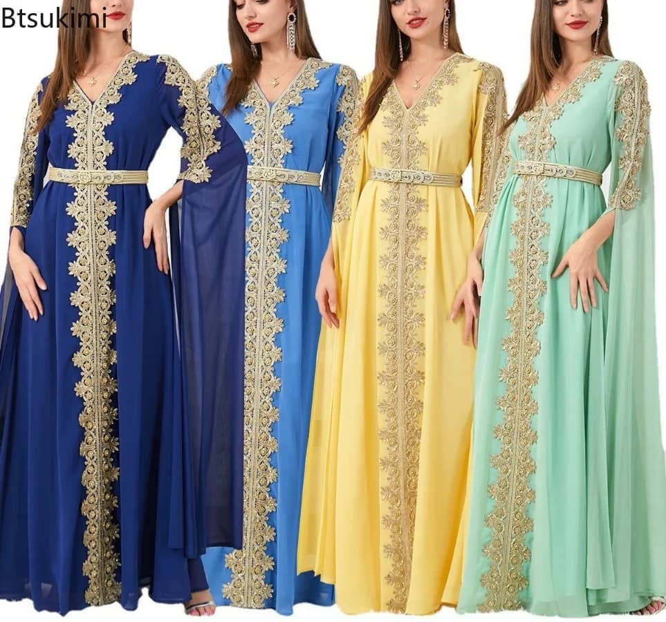 Abito da donna elegante musulmano a maniche lunghe con scollo a V in poliestere, abito lungo da sera, abito caftano musulmano Abaya musulmano per le donne