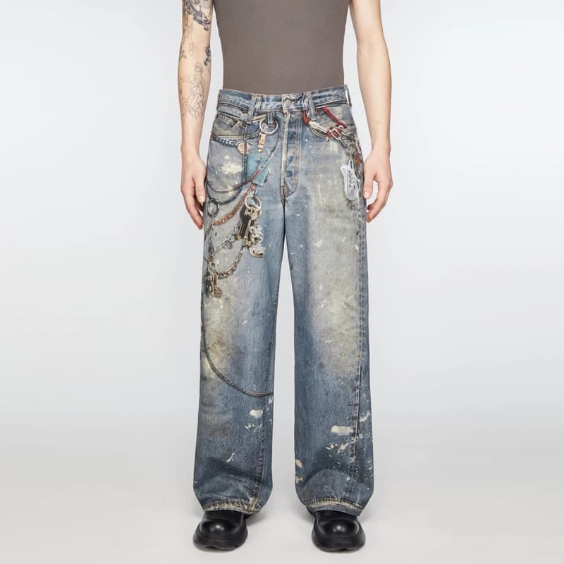 American High Street AC3D Digital 1981 Waist Chain Print Straight Leg Men's Jeans Trendy Baggy Wide Leg Pants Casual Youth