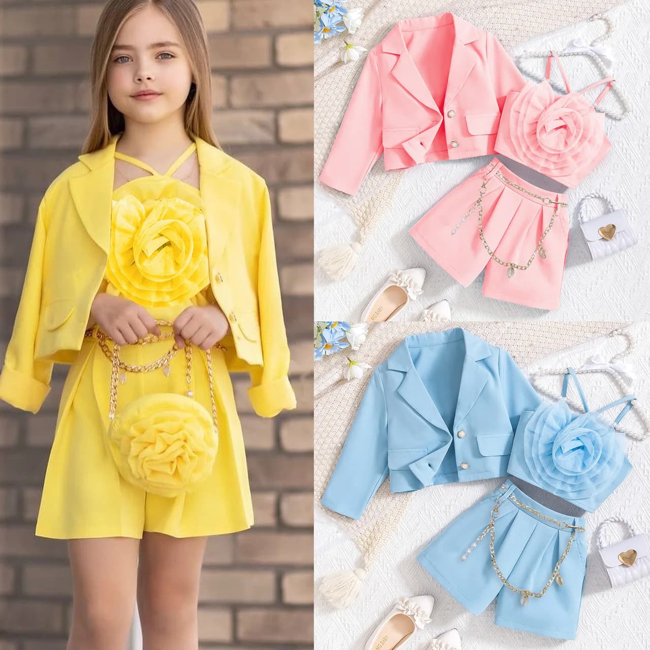 Nuovo Set Primaverile per Ragazze: Cappotto a Maniche Lunghe con Fiori, Pantaloncini Abbinati, Set Tre Pezzi 3592
