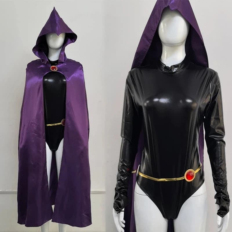 Women's TeenTitans-Raven Cosplay Costume Jumpsuit Purple Cloak with Belt Halloween Costume Uniform for Girls