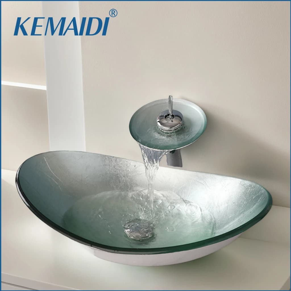 KEMAIDI Lavabo da bagno Lavabo da appoggio Lavabo in vetro temperato con miscelatore per rubinetto a cascata per lavabo Vanity Bar