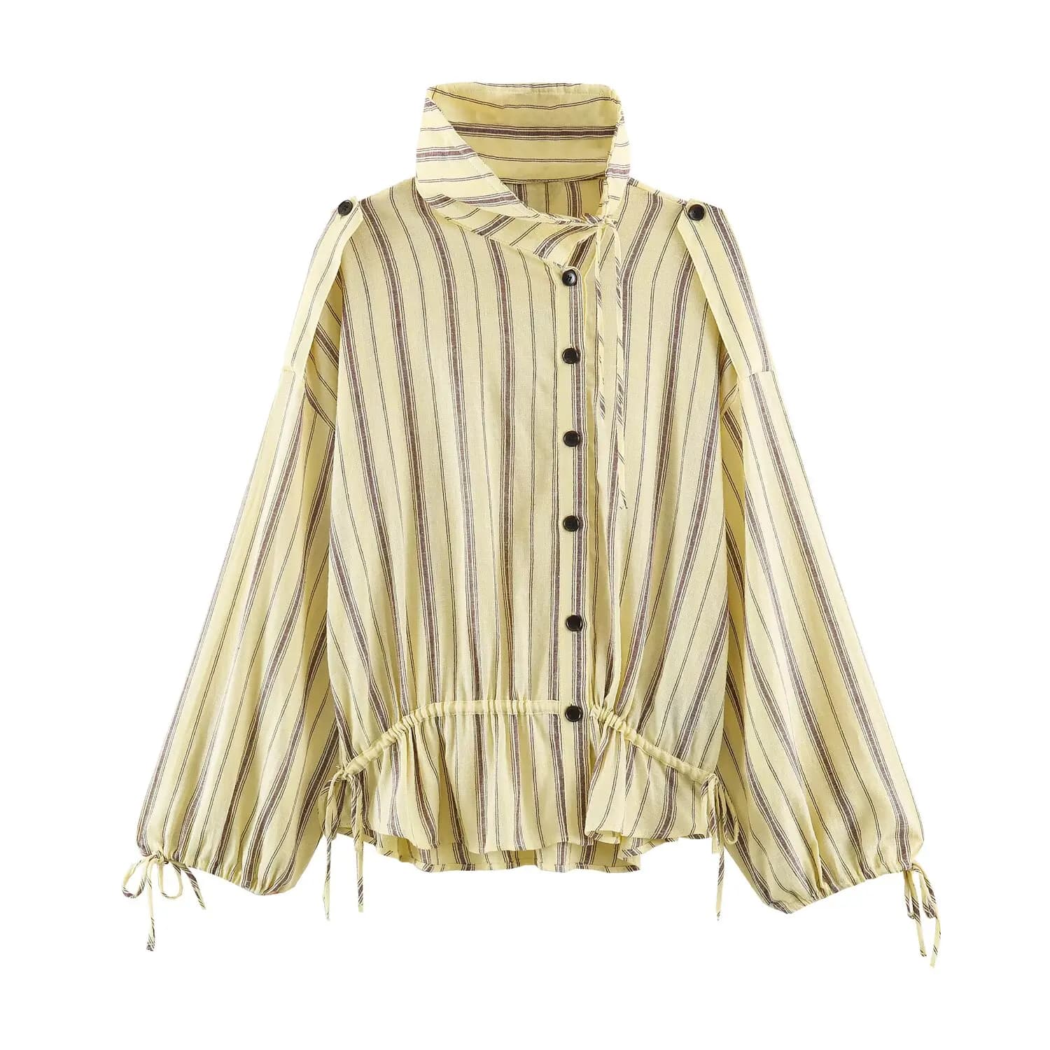 Casual Ruffle Hem Blouses Women High Neck Button Closure Drawstring Waist Vertical Stripe Long Sleeve Coats 2026 Streetwears Hot