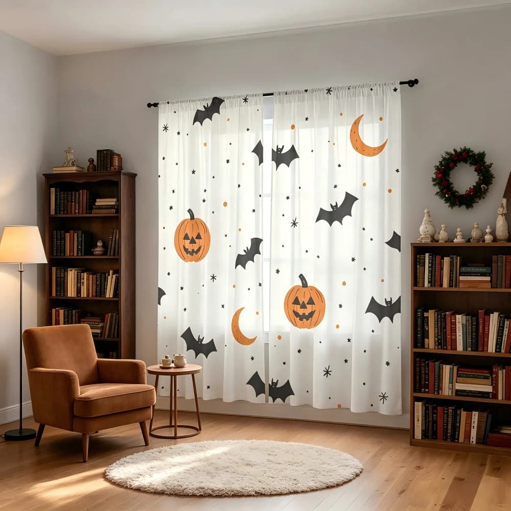 2PCS Digital Print Sheer Curtain, Bat Pumpkin Halloween, Spooky Holiday Scary - Voile Drapes for Bedroom Living Room Decor