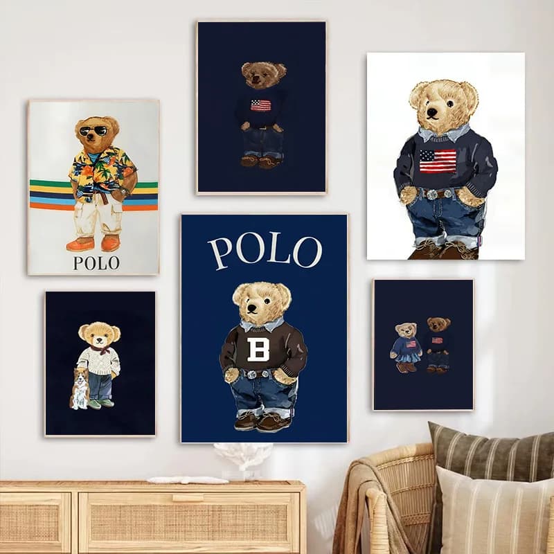 Bear POLO Shirt Poster American School Uniform Volleyball Graffiti Canvas Painting Suitable for Children's Room Bedroom