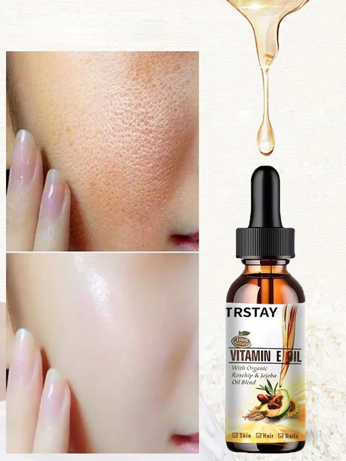 L'olio essenziale di vitamina E TRSTAY restringe i pori, riduce le linee sottili, nutre la pelle e pulisce il viso