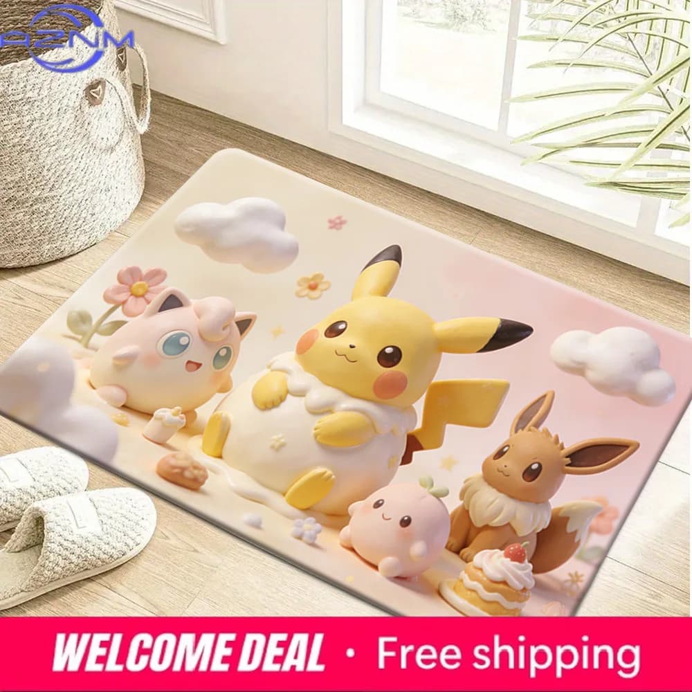 Pokemon Pikachu Jigglypuff Eevee Print Doormat Non-Slip Absorbent Floor Mat for Indoor Entrance