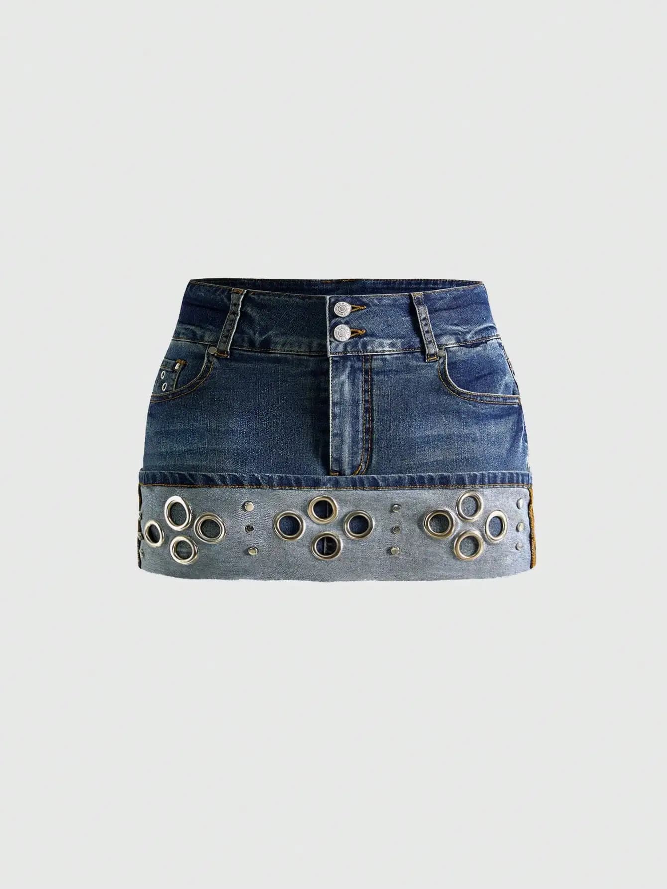 Minigonna in denim vintage a vita bassa stile Y2K con occhielli per donna