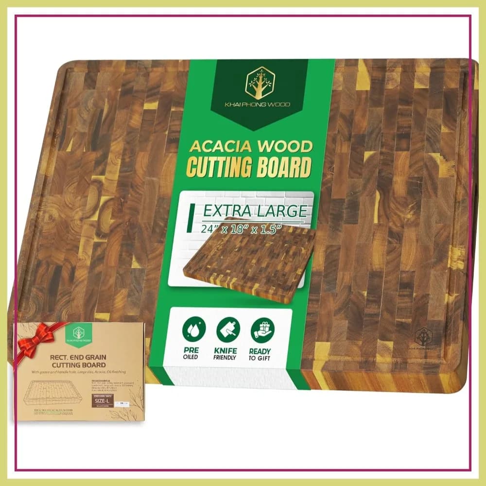 Tagliere Extra Large in Legno di Acacia, 61x46x3.8 cm, con Scanalatura Raccogli-Succo e Manico, Confezione Regalo