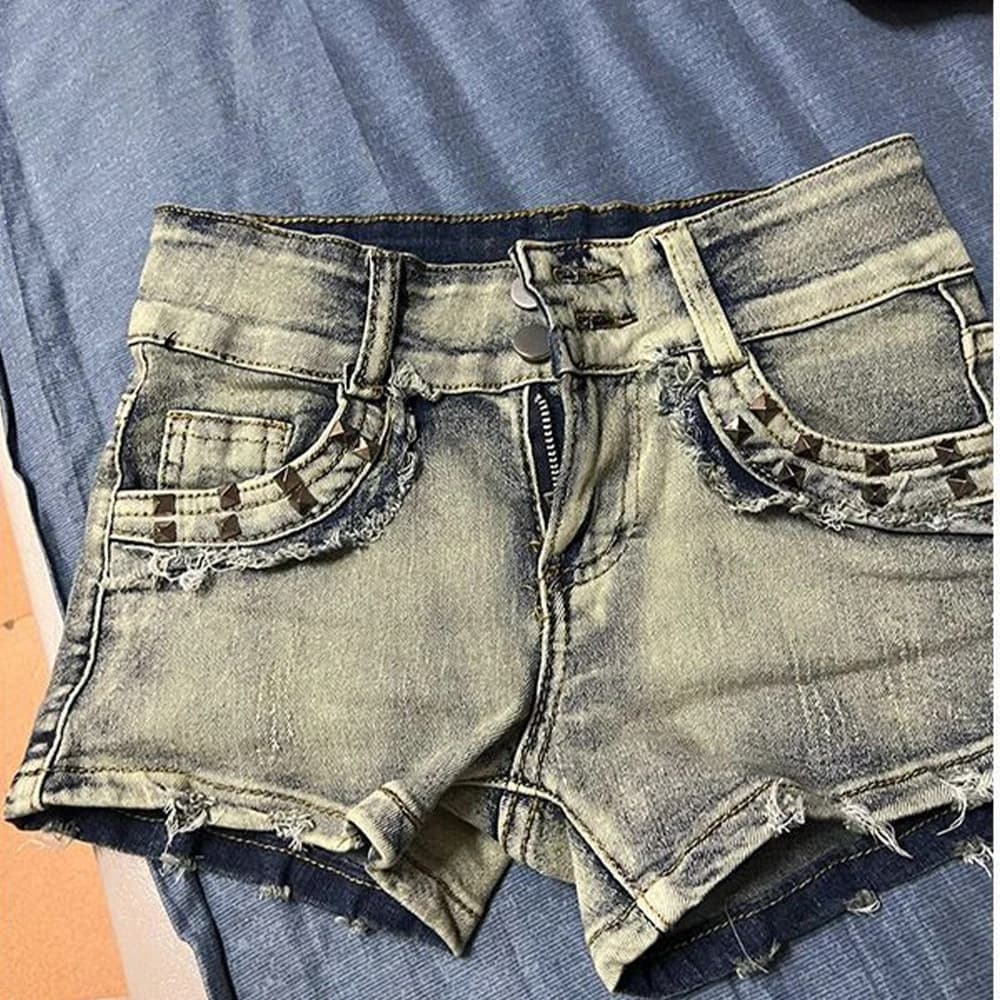 Retroy2K Shorts Americani con Rivetti da Donna, alla Moda, Attillati, Stile Hot Girl Club, con Tasche, Casual, Sexy, per l'Estate e lo Streetwear