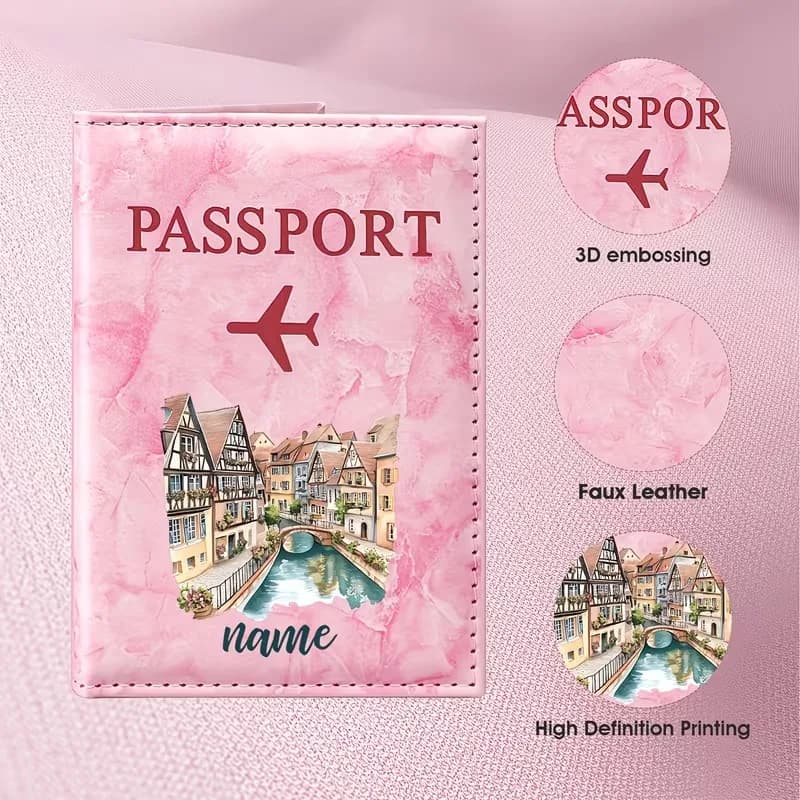 Custom Name Custom European Town Watercolor Style PU Passport Holder, Featuring European-Style Architectural An Canal Landscapes