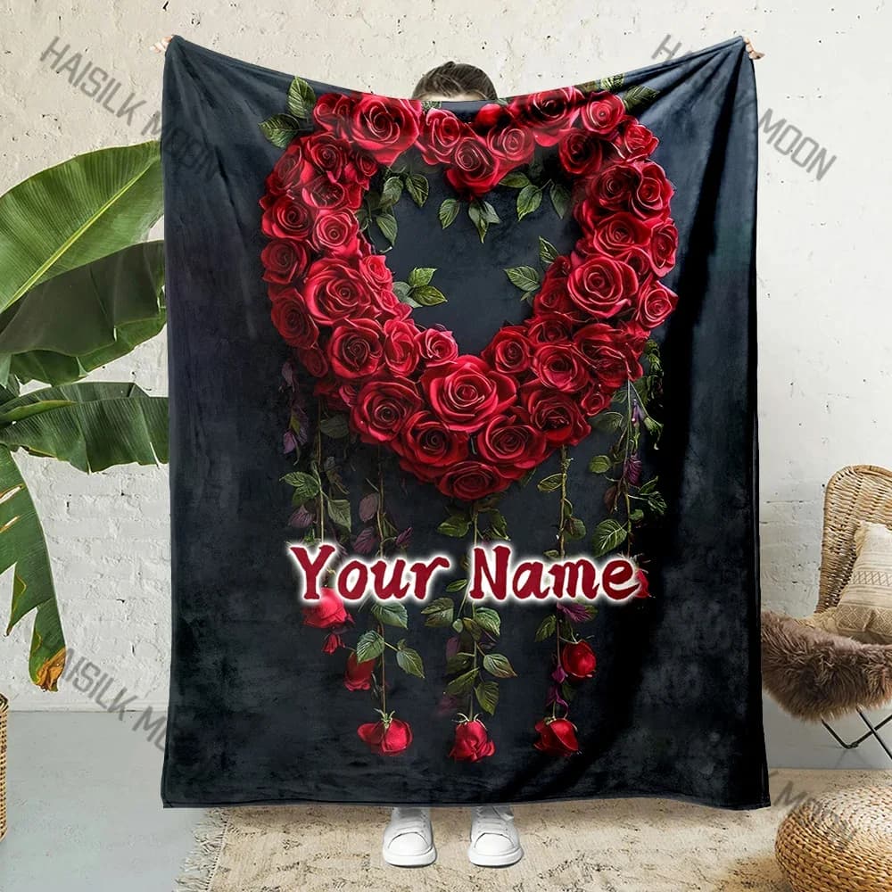 1PC Nome personalizzato Coperta personalizzata Red Love Rose Stampa Coperte calde per bambini adulti e comoda coperta Regali per le vacanze